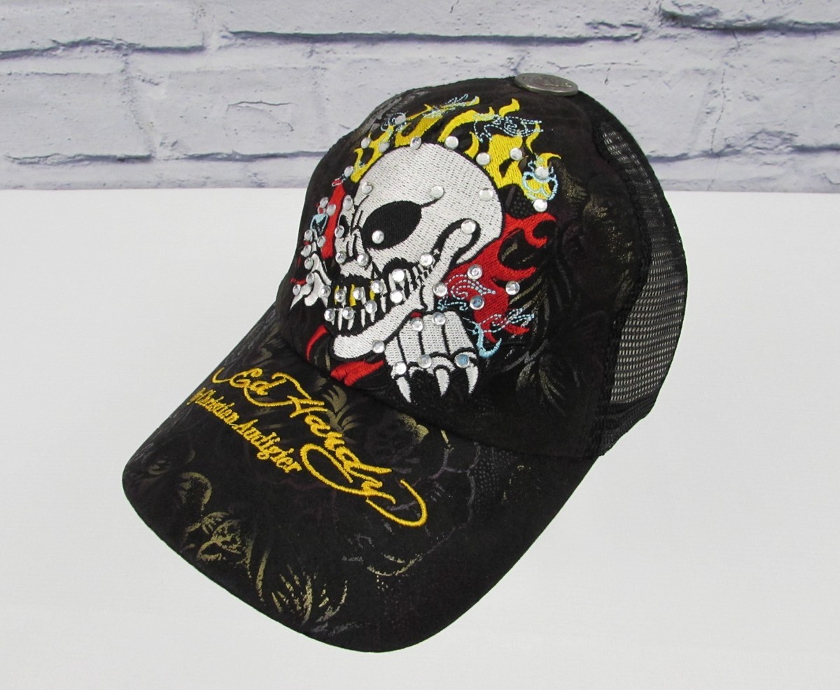 帽子 Ed Hardy Ed Hardy By Christian Audigier Snap Back Skull Rhinestone Black