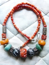 Moroccan coral Necklace, Yemeni black coral, amber and amazonite Bedouin Jewelry