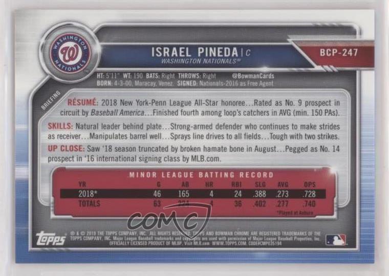 2019 Bowman Chrome Prospects Orange Refractor BCP247 Israel Pineda