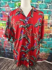 Paradise Found Hawaiian Shirt Mens Extra Large Red Floral Parrots Magnum PI USA