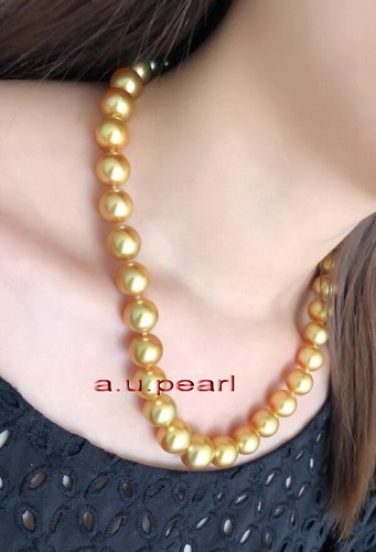 AAAAA 17"10-11MM NATURAL real south sea deep golden pearl necklace 14K gold - Picture 1 of 7