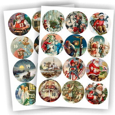 24 Aufkleber 1-24 Advent Adventskalender Zahlen Weihnachten Fest Vintage ca.60mm