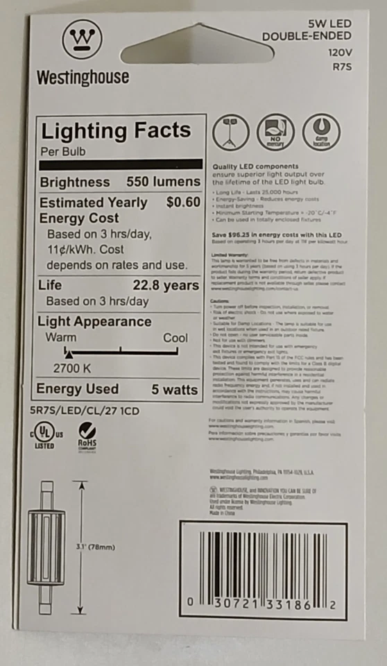 WESTINGHOUSE 5W LED 120V R7S LAMPS 2700K #33186 - Image 2 of 2
