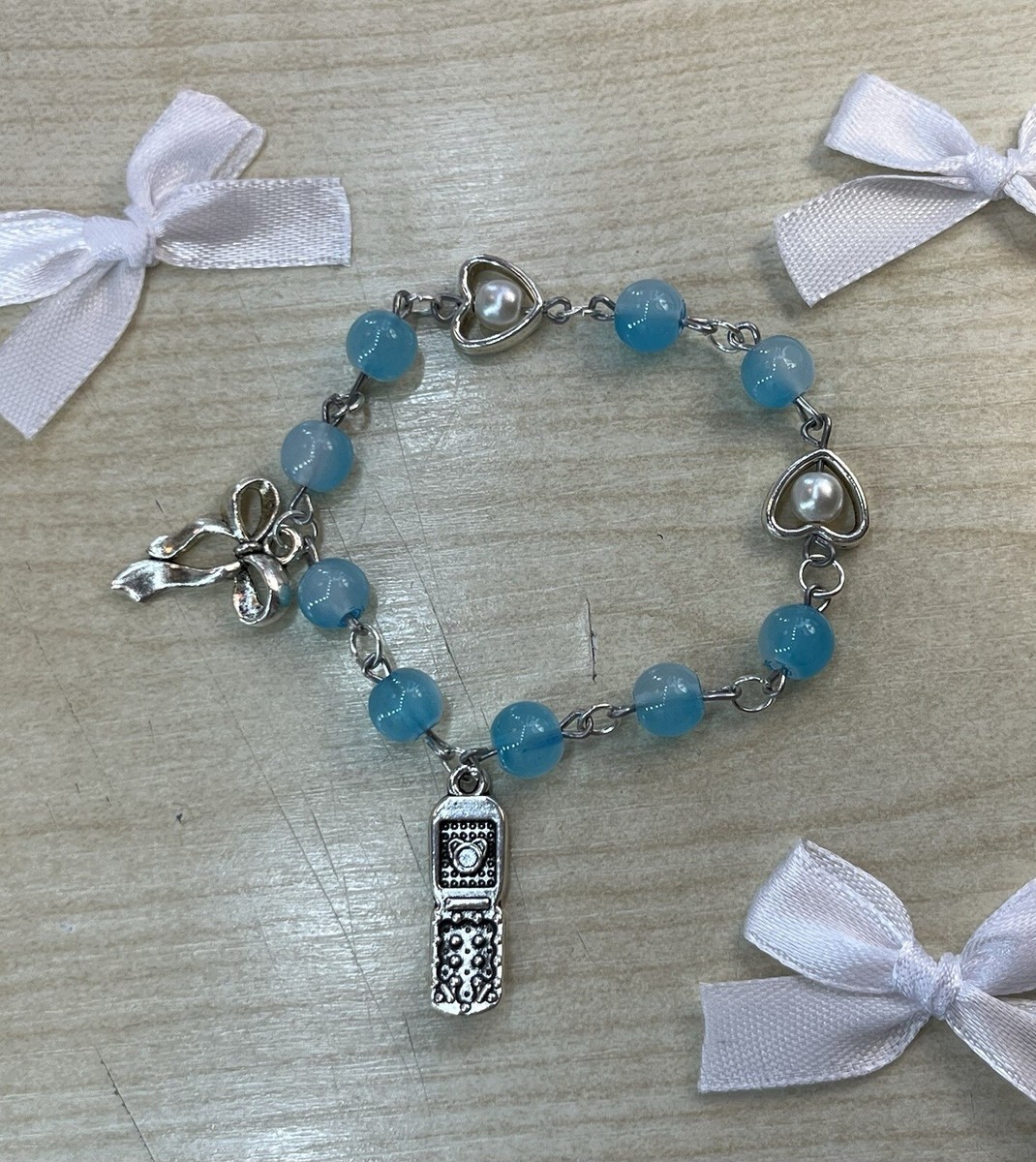 Blue Charm Bracelet Flip Phone Bow Coquette Girl Expandable