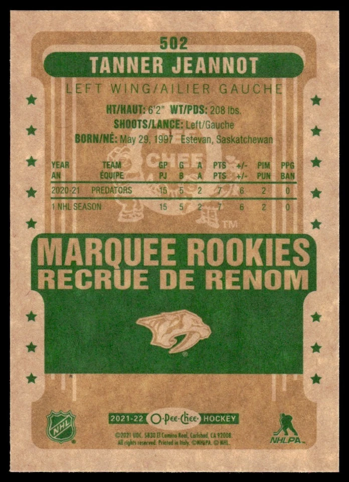 2021-22 O-Pee-Chee Tanner Jeannot Rookie Nashville Predators #502 R32 - Image 2 of 2