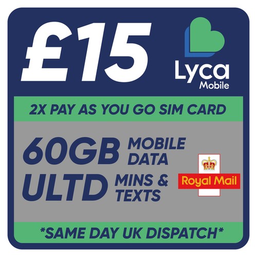 LYCAMOBILE PAY AS YOU GO KARTA SIM £15,00 | 60 GB danych - ULTD mins - ULTD Texts - Zdjęcie 3 z 3