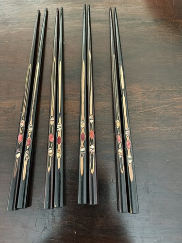Vtg 9" Traditional Chopsticks - Inlaid Lacquered Wood - Japan Made. 4 sets