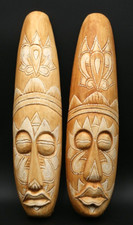 African Tribal Wooden Hand Carved Wall Hanging Set Duo Rustic
