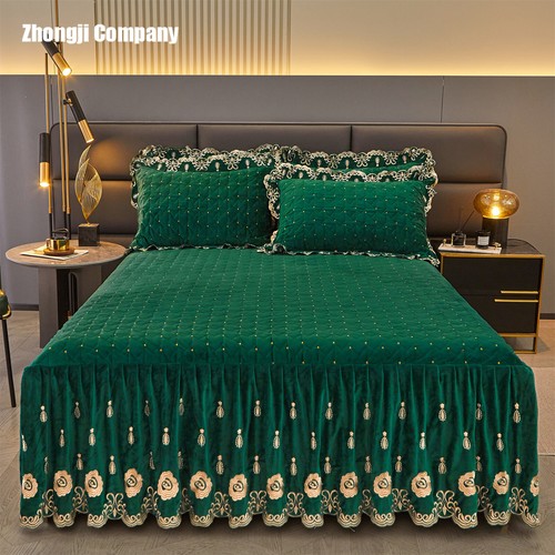 Quilted Velvet Bedspread Set Queen Embroidered Flower Thicken Ruffle Bed Skirt - Picture 17 of 128