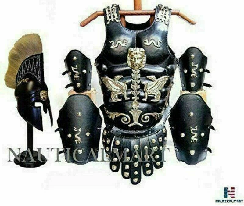 Conjunto de Natal medieval romano armadura muscular couro cuirass com capacete gravado - Imagem 3 de 4