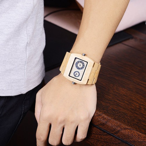 NEW Bewell Rectangle Dial Men Wooden Watches Dual Time Zones Wood Wrist Watch - Bild 2 von 13