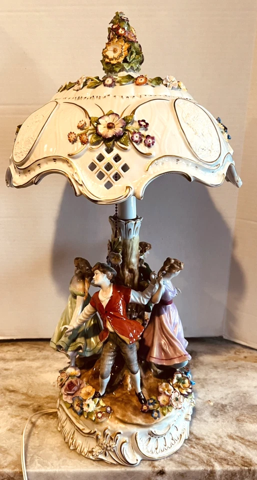 Antique Von Scheirholz German Porcelain Figural Lamp Lithophane Shade 24" - Image 3 of 4