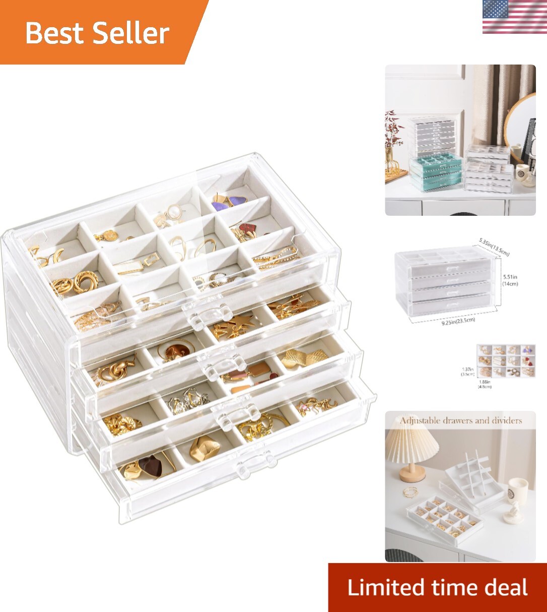 Clear Acrylic Earring Organizer with 4 Velvet Trays - Space-Saving Design