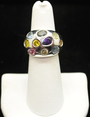 Sterling Silver Colorful Multi Gems Rounded Face Ring SZ 6.0 #FMC743