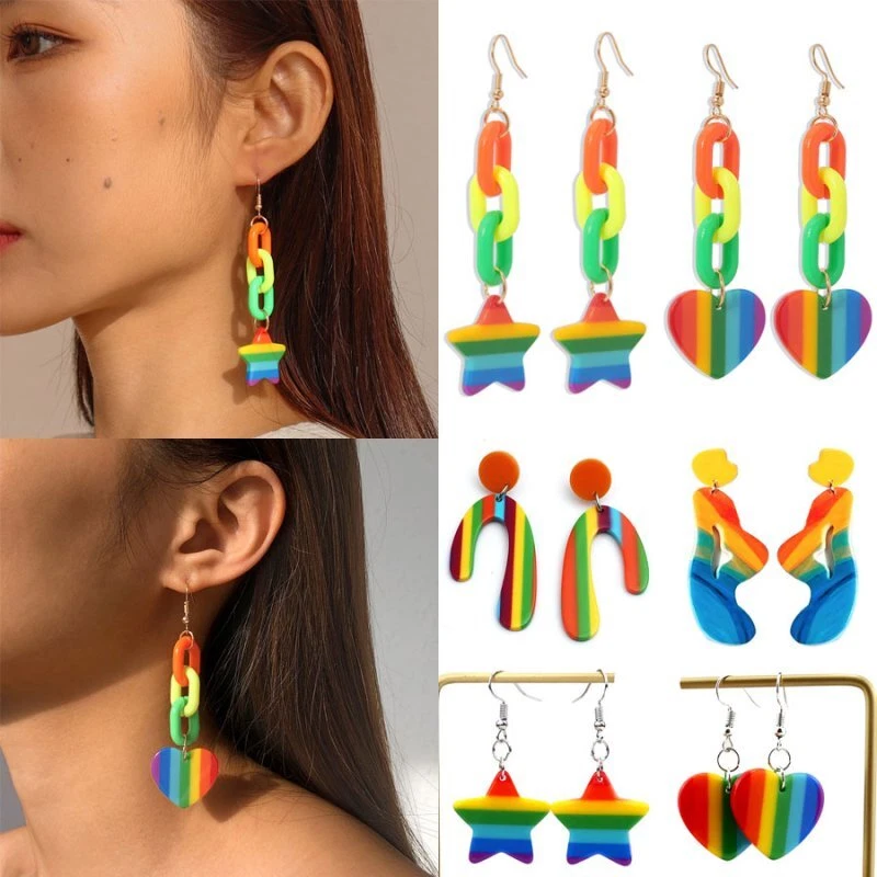 2022 LGBT Rainbow Heart Star Hook Earrings Drop Dangle Gay Pride Women Jewellery