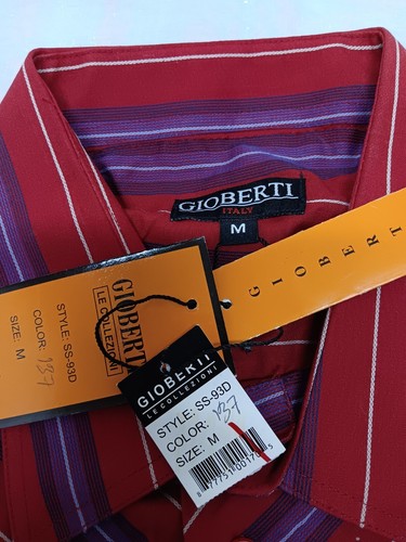 GIOBERTI MENS MEDIUM RED PURPLE STRIPED BUTTON UP SHORT SLEEVE SHIRT NEW  - Picture 9 of 12