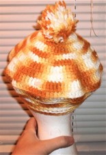 VTG Handmade Crocheted Beret w/Pop-Pom Gold/Mustard/White Adult M/L Golf Beanie