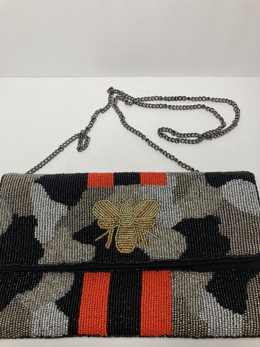 Shirdee Red Black Stripped Queen Bee Beaded Woman Handbag & Coin Purse Camo - Picture 2 of 12