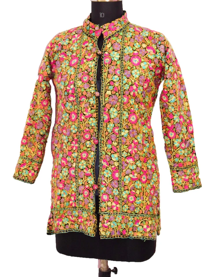 Antique Kashmir Pure Handmade Embroidery Pashmina Jacket Vintage Jamewad Coat - Image 4 of 4