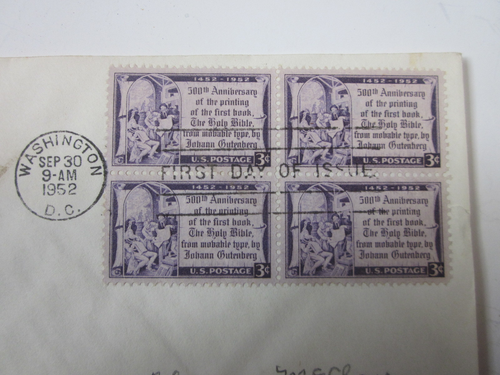 US COVER 1952 GUTENBERG BIBLE FDC SCOTT 1014 X 4 HOUSE OF FARNAM CACHET - Picture 2 of 3