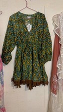 Ladies Green Boho Floral Tassel Dress – Long Sleeve Size 8-16