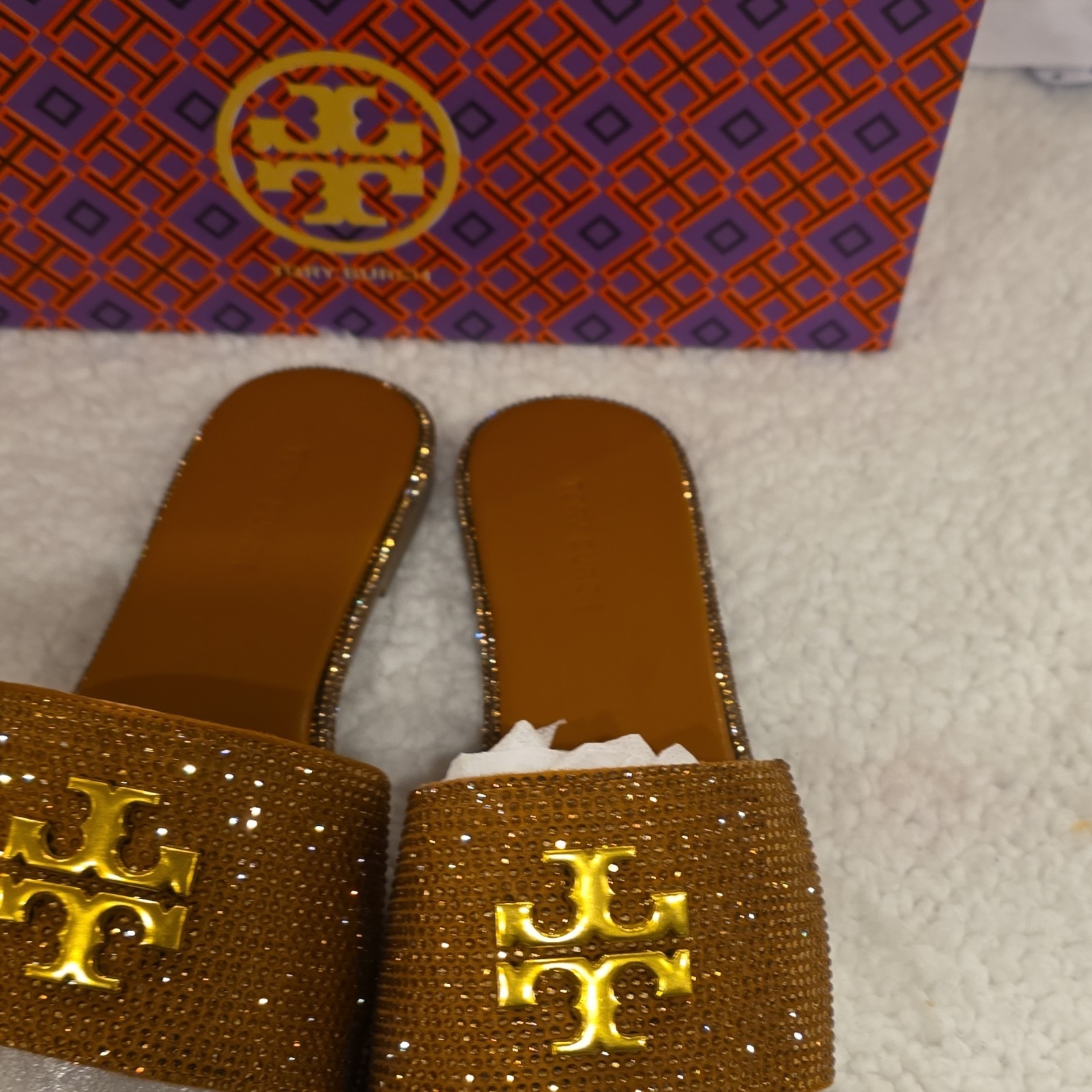 Tory Burch Brown Gold Rhinestone Logo Slide Sandals Women's thumbnail 6