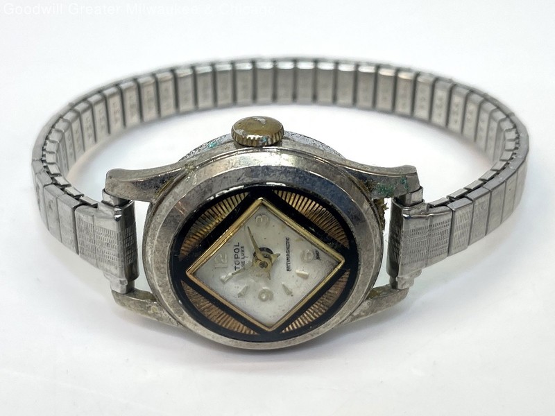 Vintage Topol Swiss Made Silver Tone Black & Gold Dial Ladies Watch 25.8g