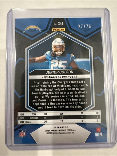 2024 Panini Mosaic - Rookies Junior Colson #361 No Huddle Blue Mosaic Prizm /75 - Foto 2 di 2