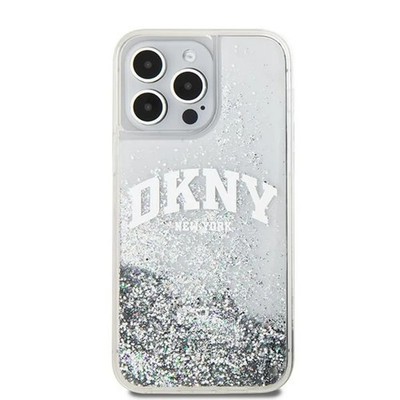 DKNY iPhone 15 Pro Hülle Case Cover Liquid Glitter Arch Logo Silber