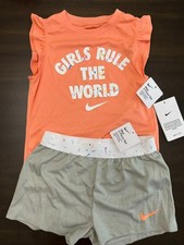 Nike Girl Top Shorts Set - Coral, Gray White Girls Rule The World 6X