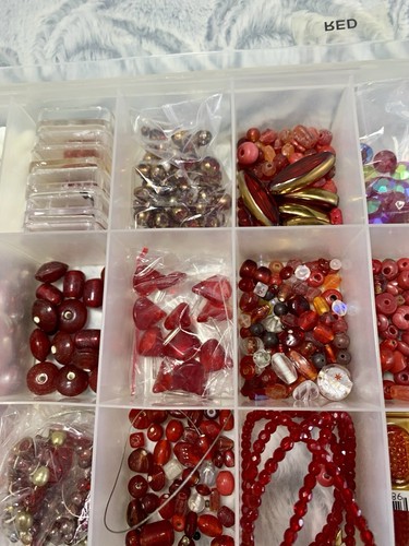 Large Bead Lot Mix For Jewelry In Box Reds Etc Stone Glass Vintage & New - Picture 9 of 24