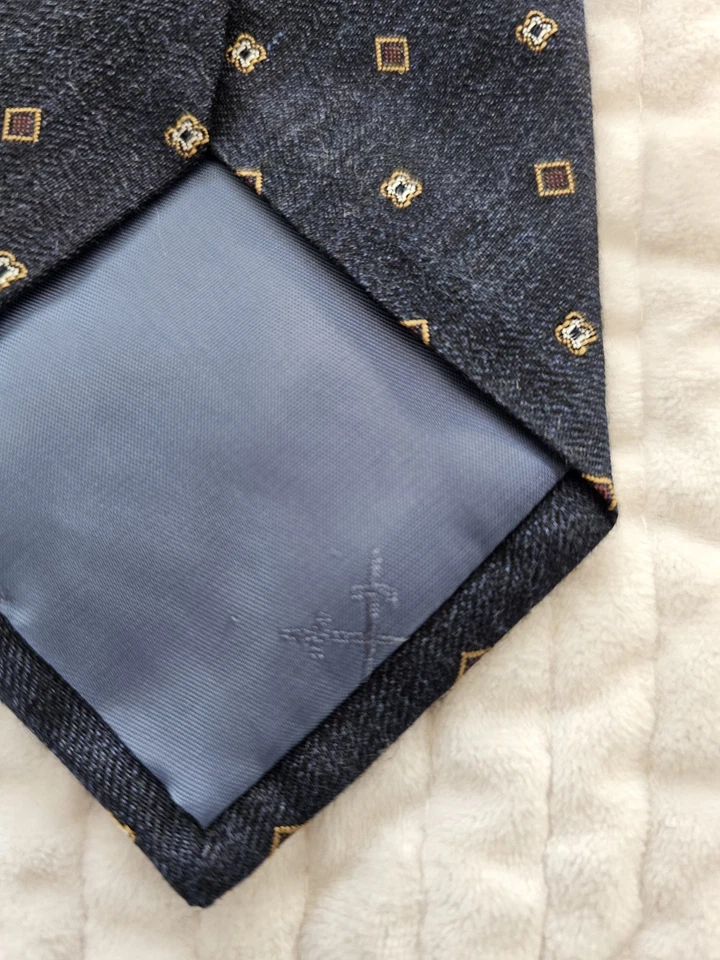 Traje Fuerte Corbata Lana/Seda Hecho a Mano en Italia Azul Marino y Marrón Estampado Geométrico Flral Foto 3 de 3