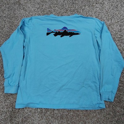Patagonia T-Shirt Mens XL Blue Fitz Roy Trout Long Sleeve Graphic Fishing