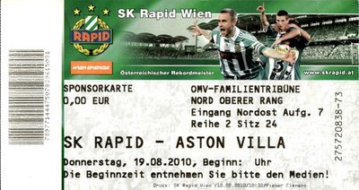 Stadium Ticket # SK Rapid Wien vs Aston Villa 2010 Football Austria