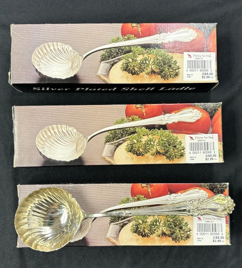 Vintage Silver Plated Shell Set Of 3 Ladles 2 NIB, 1 Used Once Serving Utensils