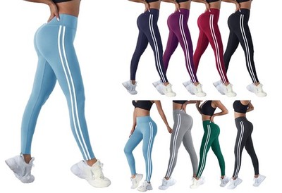 Damen Fitness Leggings doppelt gestreift Gym High Waist Stretch Yogahose 3084