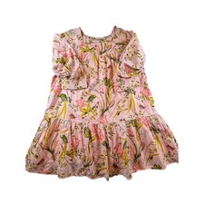 Happy Nature Pink Floral Bird Print Babydoll Mini Dress Large Pockets Tiered Hem