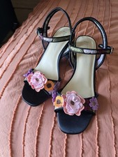 Betsey Johnson Women's Black Floral Embroidered Ankle Strap Block Heel Buckle