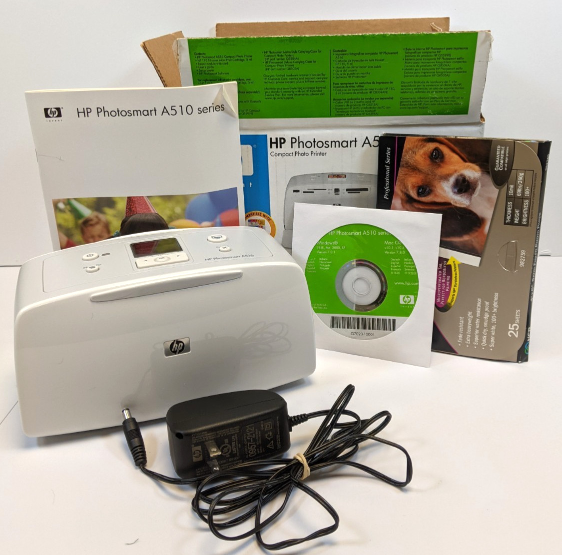 HP Photosmart A516 Compact Photo Printer + Box, Power Cable, CD & Instructions