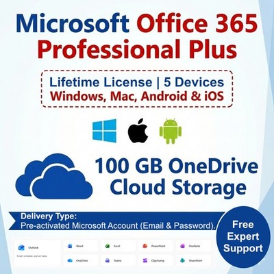 Microsoft Office 365 Pro Plus (Lifetime) [5 Devices] Licensed Account +100GBC...