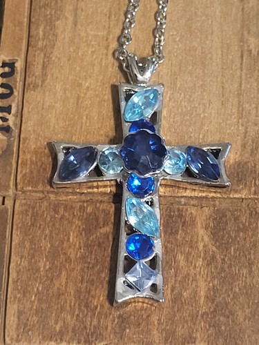 Collar colgante cruz plata zafiro azul 18" - Imagen 2 de 10
