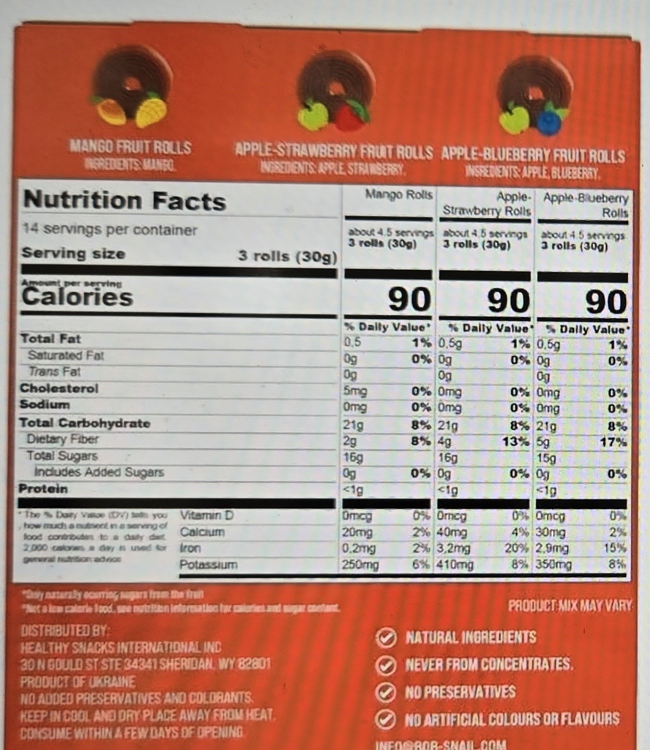 Bob Snail Fruit Rolls Mango/Apple-Strawberry/Apple-Blueberry (42-0.35oz Packs)