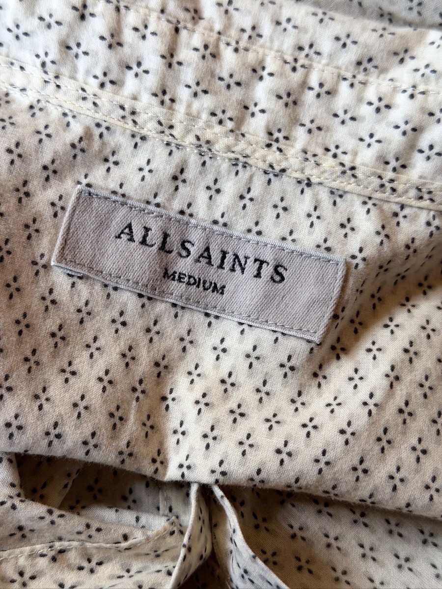 AllSaints Shirt Medium Mens Ivory Nissen 100% Cotton Short Sleeve Button View 6