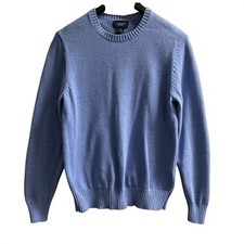 Lands End Drifter Sweater Blue Cotton Pullover Mens M Crewneck Ribbed Cuffs
