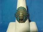 Vintage NAVAJO STERLING Silver + TURQUOISE NATIVE AMERICAN CHEIF Head RING 9 1/2