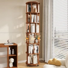 6 Tier Bookshelf Tower, 360° Solid Wood Spinning Bookcase with Swivel Wheels,...