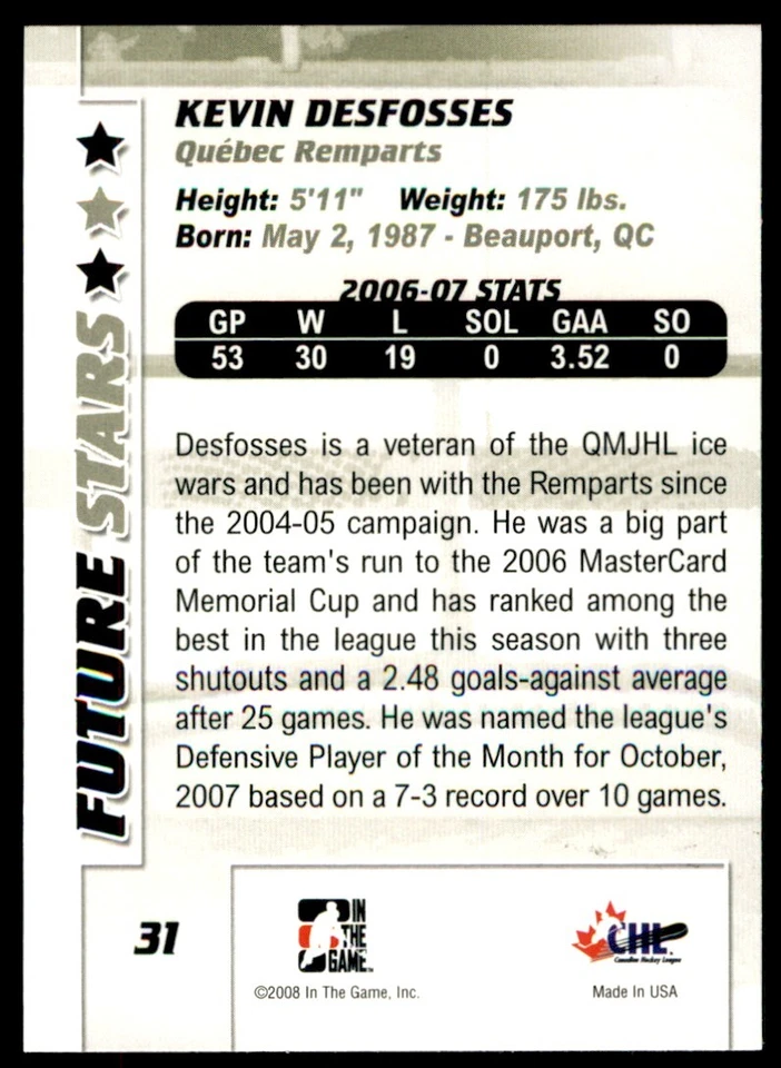 2007-08 In The Game Between the Pipes Kevin Desfosses #31 - Image 2 of 2