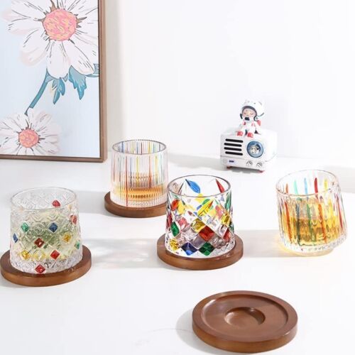 Set of 2 Hand Painted Stemless old fashioned wine Glasses with unique coaster - Picture 2 of 7