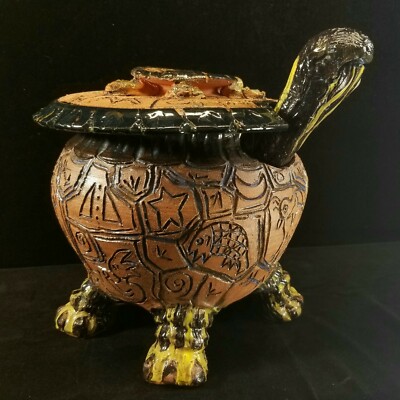 Retro Lg Partially Glazed Handcrafted Pottery Turtle Tureen W Lid