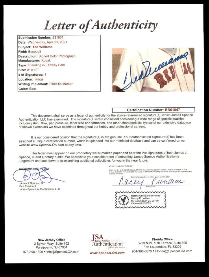 Ted Williams JSA Coa Signed 8x10 Photo Red Sox Autograph - Image 2 of 2